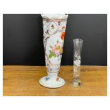 LR...Pair of Decorative Vases Including Porcelain Floral Pedestal Vase and Etched Glass Solifleur Vase