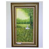 BR1…Signed, impressionist style landscape painting featuring a girl in a white dress resting in a sun-drenched green meadow. See pictures for details.