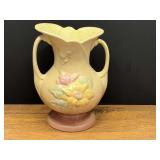 LR…Vintage 1940s Hull Magnolia Art Pottery double-handled matte vase with an embossed floral magnolia and pastel yellow-to-pink gradient glaze. See pictures for details.