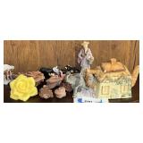LR… Assortment of home decor to include vintage figurine, elephant figurines, one has its tail missing, Rose rocks, English "cottage ware" novelty teapot, likely made by Keele Street Pottery, teapot