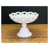 LR…Vintage white milk glass footed open compote with an open lace or reticulated scalloped rim and a diamond point pattern. Believed to be vintage Imperial glass, see pictures for details.
