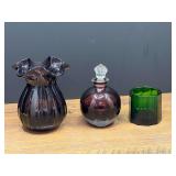 Bath…Vintage mid-century style amethyst purple hand-blown art glass vase with a bulbous melon-shaped body, ribbed vertical panels, and a ruffled rim, also comes with a vintage Murano-style hand-blow