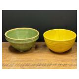 Kit...Two Glazed Ceramic Mixing Bowls Including Green Molded and Yellow Ribbed Design