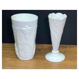 LR… Vintage milk glass vase with colony harvest great motif, believed to be vintage Indiana glass, also includes a vintage milk glass trumpet vase, believed to be vintage L E Smith glass. See pictur