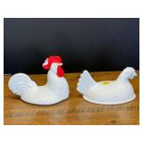 Garage… Milk glass nesting hen/rooster tops, two pieces, the rooster has a chip in the top-notch, see pictures for details.