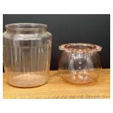 Bath…Vintage pink depression glass pretzel jar base, no lid, also comes with a pink Depression Glass Rose Bowl or Cookie Jar Bottom with an open lace rim and a radiated starburst base pattern from t