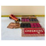 Vintage checkers, game and car