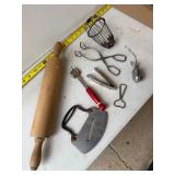 Rolling pin, Coke bottle opener, vintage utensils
