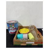 Glass Vases, Plates/Mugs, Popcorn Tin