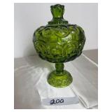 L.E. Smith Moon & Stars Green Glass Lidded Compote