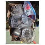 misc pots and pans, cake tray