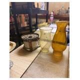 glass lamp chimney x2, misc candles & 2 glass jars