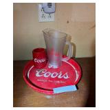 Antique coors light tray, pitcher, koozie