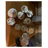 2 mental buckets, misc glass and ceramic nic nacks