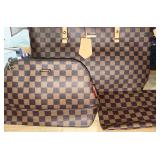 Designer Type Purse Handbag Set Checkered-Brown