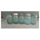 5 blue glass canning jars