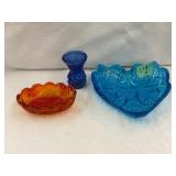 Amberina AshTray 4.5', Blue Glass Heart Dish 6.5'