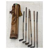 6- Vintage Wood Shaft Golf Clubs & Bag