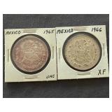 1965,1966 Mexican silver 1 peso coins