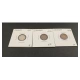 3-Canadian Victoria 5-cent silver coins