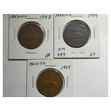 3- Mexico 20 Centavos coins 1943,2-1944
