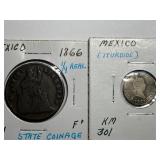 1823 Mexico 1/2 Real Coin, 1866 1/4 Real Coin