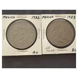 1982, 1983 Mexican silver 1 peso coins