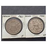 1961,1962 Mexican silver 1 peso coins