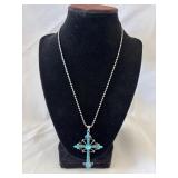Silver-Tone Cross Pendant Necklace with Blue