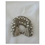 Multi-Strand Bracelet Silver Tone Chain Faux Pearl
