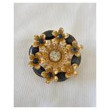 Vintage Gold-Tone Flower Brooch W/ Black & Clear