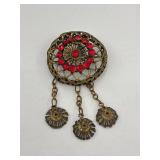 Vintage Gold-Tone Filigree Dangle Brooch w/ Red