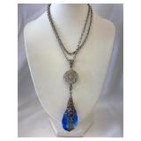SilverTone Necklace with a Blue Teardrop Crystal