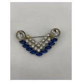 Vintage Blue and Clear Rhinestone V-Shaped Brooch
