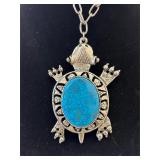Vintage Silver Tone Turtle Turquoise Necklace