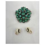 Vintage Green Glass and Rhinestone Flower Brooch