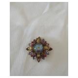Vintage Gold Leaf Rivoli Brooch with Blue and Pink