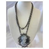 Cameo Brooch with Gunmetal Chain
