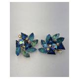 Vintage Blue Rhinestone Cluster Clip Earrings
