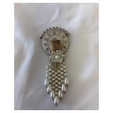 Handmade White Faux Pearl and Clock Brooch