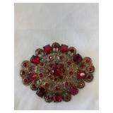 Vintage Red Rhinestone Filigree Brooch 3.5'x3'