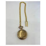 Quartz Etched Gold Tone Pocket Watch with Chain