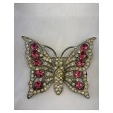 Vtg. Metal Clear/Pink Rhinestone Butterfly Brooch