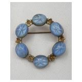 Vintage Blue Star Gold Tone Brooch w/Flower Design