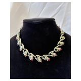 Vtg. Silver Tone Tulip Chocker & Red Rhinestones