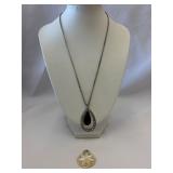 Silver Tone Rhinestone Black Teardrop Necklace