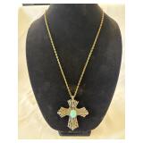 Vtg. pendant Cross Necklace w/Faux Turquoise Stone