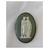 Vtg. Silver Wedgwood Green Jasperware Cameo Brooch