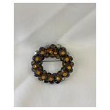 Vintage Topaz Colored Rhinestone & Bead Brooch