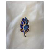 Art Glass Floral Rhinestone Brooch 1.25'x2.5'